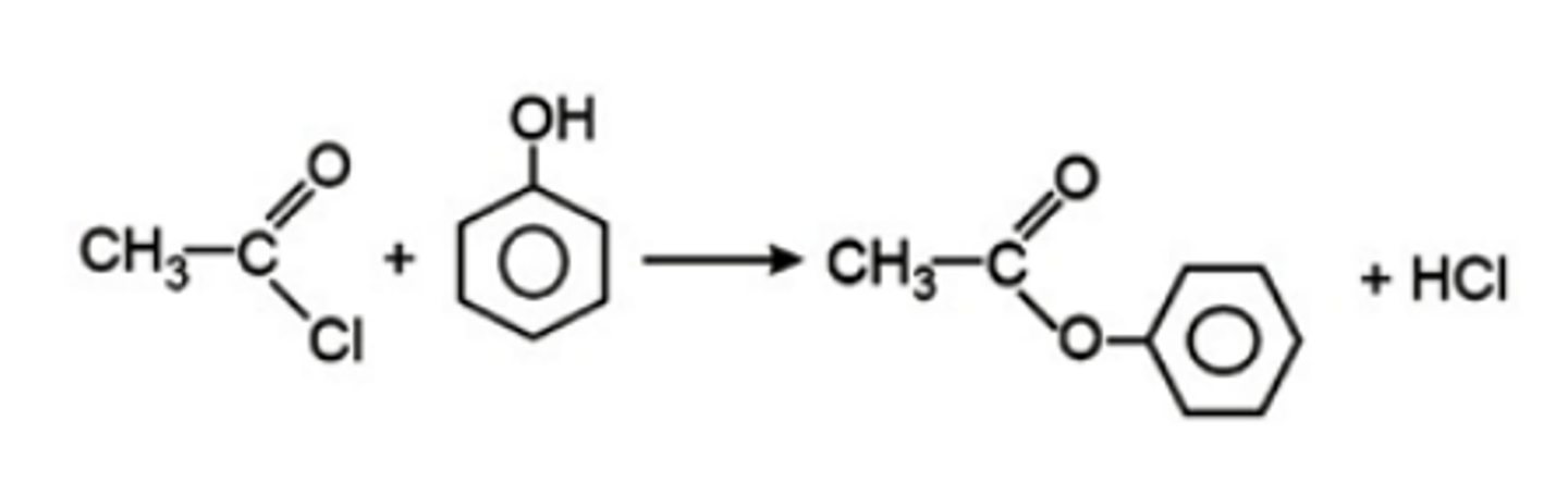 <p>• electrophilic substitution</p><p>• reagents; acyl chloride</p>