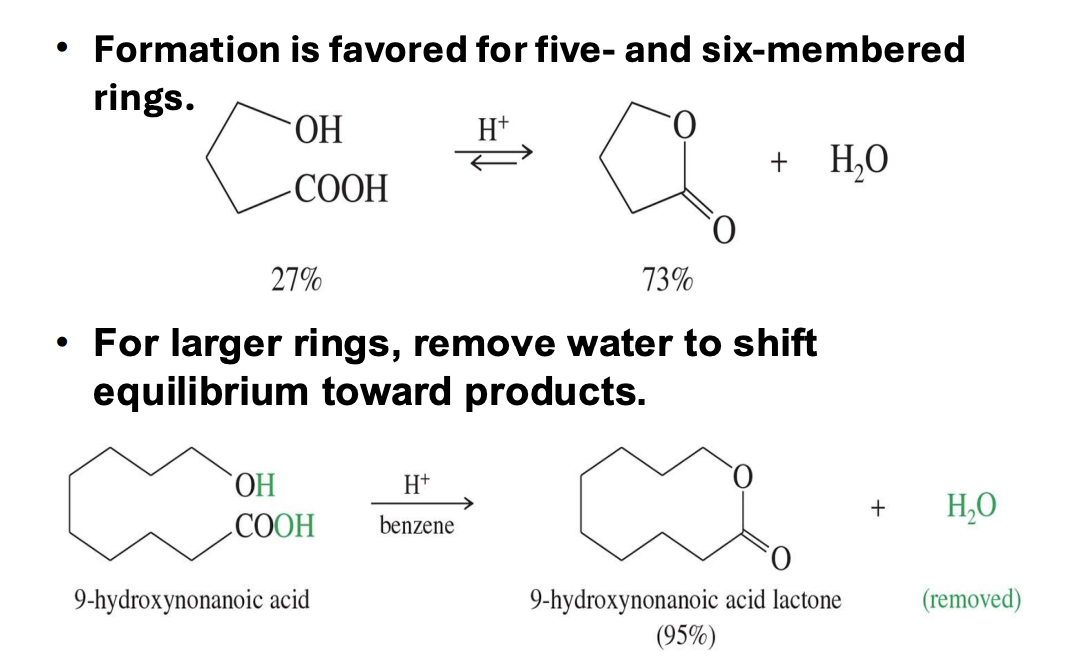 <p>Starting : </p><ul><li><p><strong>hydroxy acid</strong> (a molecule with both -OH and -COOH groups)</p></li></ul><p>Reagents:</p><p><strong>5-6 membered rings:</strong> Form easily with just H⁺</p><p><strong>7+ membered rings:</strong> Needs H<sup>+</sup> And Benzene</p><p></p><p>End product: </p><ul><li><p>Lactrones : cyclic esters formed from hydroxy acids</p></li></ul><p></p>