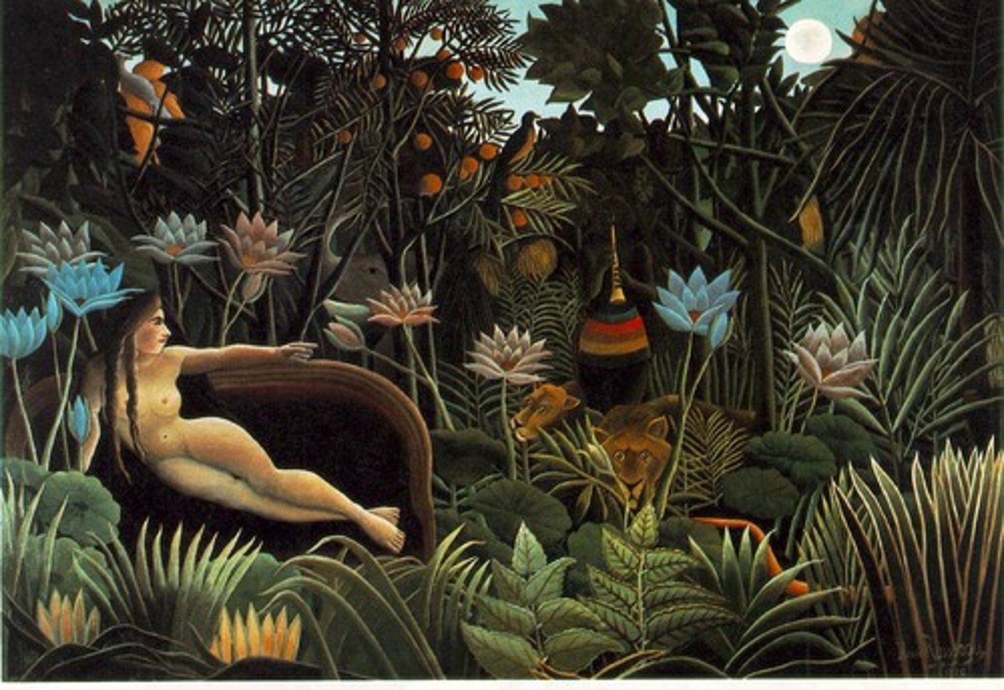 <p>Rousseau's vision of his own jungle (he had never left France nor visited a jungle) with a nude woman on a velvet sofa being serenaded by a musician and surrounded by animals.</p>