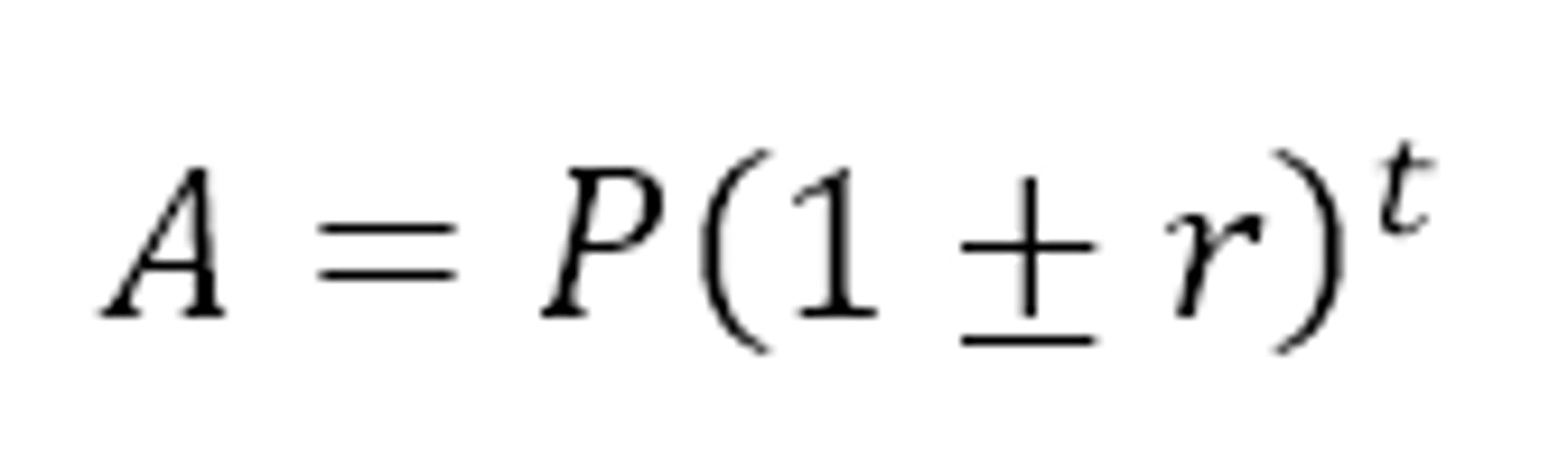 <p>f(x) = a(1+r)^t</p><p>a = initial amount</p><p>r- rate of growth in decimal</p><p>t- time</p>