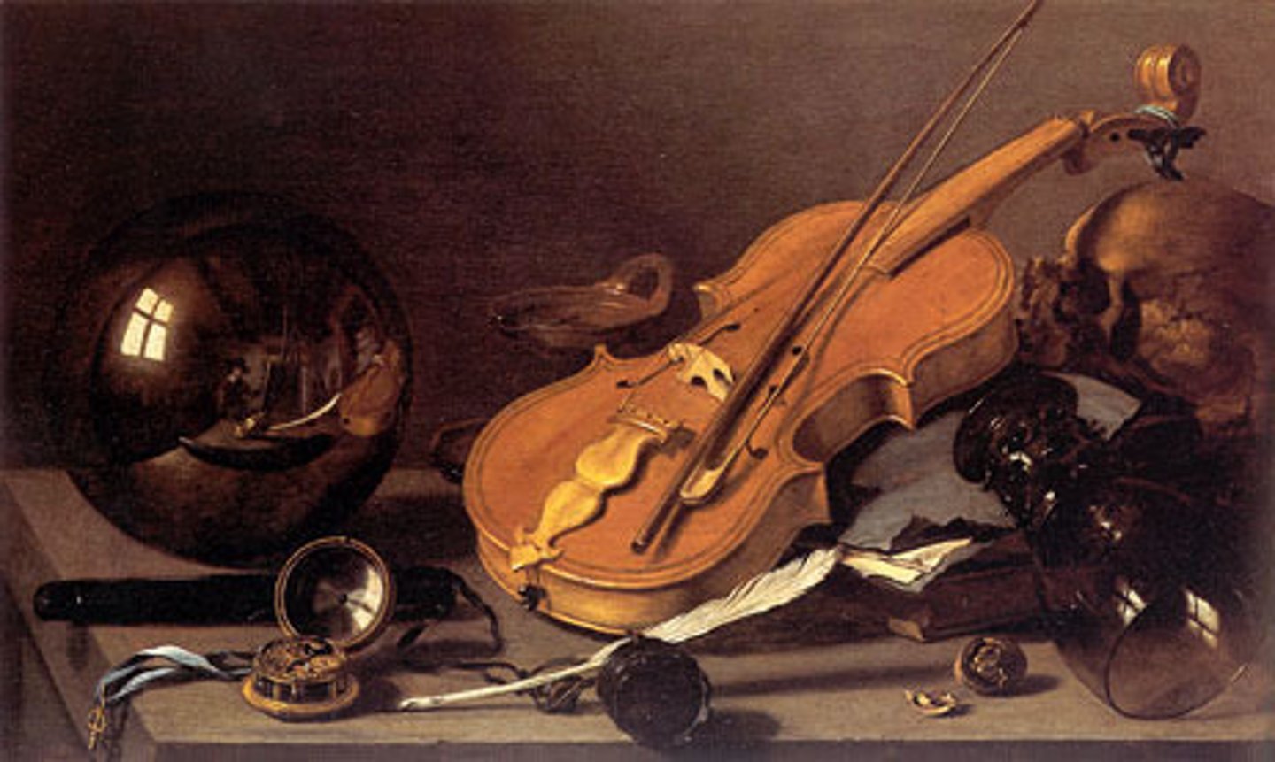 <p>Vanitas reminds us that death is coming by using skulls, hourglasses, and watches. Ex: Claesz's Vanitas Still Life and Antonio de Salgado's Vanitas</p>