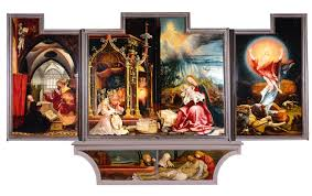<p>“Isenheim Altarpiece” 1515; Oil on Wood; Matthias Grunewald; German</p><p>Painted for MONASTERY of St. Anthony - church run hospital</p><p>St. Anthony = patron saint of skin diseases (shown in right panel)</p><ul><li><p>the hospital treats skin diseases → Jesus is shown with skin diseases</p></li></ul><p>Muted green colors contrasted with bright red - St. Luke describes a DARK sky during crucifixion</p><ul><li><p>red contrasting with muted colors = like Night Attack</p></li></ul><p>Catholic doctrine symbols - lamb spurting blood into chalice - represents the Eucharist</p><p>LOOK IN BINDER FOR LABELING</p><p>Mysticism (emotional connection to religion) - like Rottgen Pietta</p><p>Jesus is seen physically suffering → relates to the audience of the ill hospital patients → humanism thru this relation</p><p>Historically accurate depictions of the plague</p><p><strong>ISENHEIM ALTARPIECE OPENED:</strong></p><p>Colors are BRIGHTER</p><p>more light</p><p>3 celebratory stories</p><ul><li><p>Annunciation</p></li><li><p>the birth of Christ and celebration of Mary and Child</p></li><li><p>Ascension of Jesus</p></li></ul><p>Gives HOPE because even though Jesus suffered, he resurrected and ascends to heaven → If the patients are devoted, their current suffering will not compare to the joy that comes when they enter heaven </p><p></p>