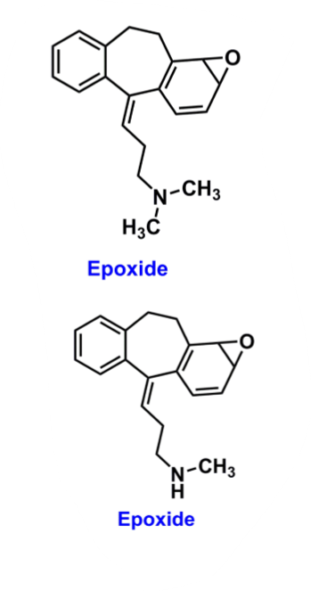 <ul><li><p>epoxide metabolites (tertiary or secondary amines) </p><ul><li><p>are electrophiles and react with cellular proteins that can trigger an immune response → hypersensitivity reactions in susceptible patients&nbsp;</p></li></ul></li></ul><p></p>