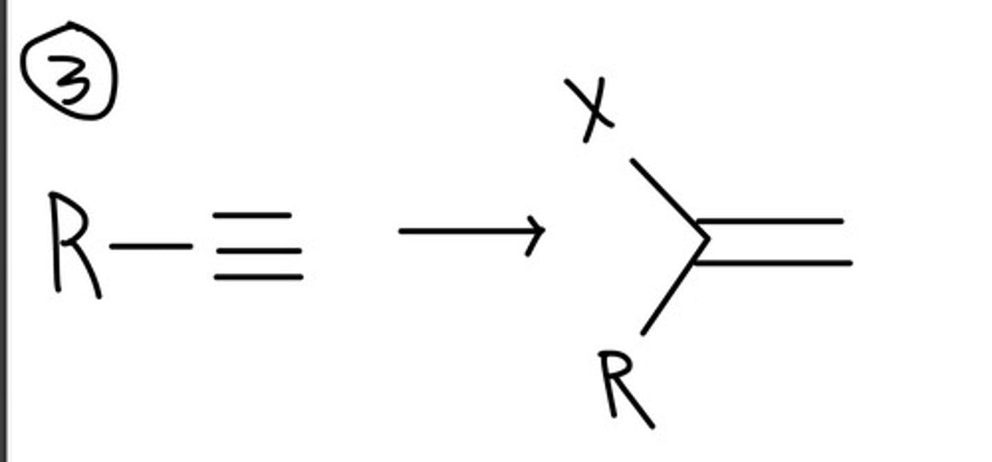 <p>hydrohalogenation</p><p>terminal alkyne to halogen and r group double bonded</p>