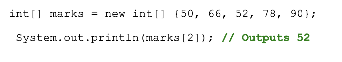 <p>Write the name of the array and surround the index/element with square brackets.</p>