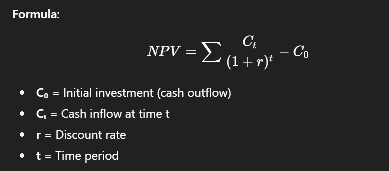 <p>sum of the present values of all incoming and outgoing cash flows over time, <strong>used to evaluate investment projects</strong></p><p></p><p><strong>should be positive to be profitable</strong></p><p></p><p></p>