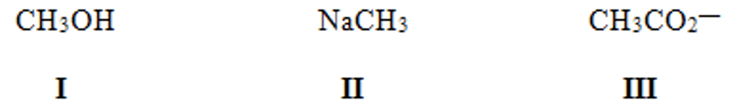 <p>In which of the following ions does carbon have a formal charge?</p><p>A) I</p><p>B) II</p><p>C) III</p><p>D) None of the above</p>