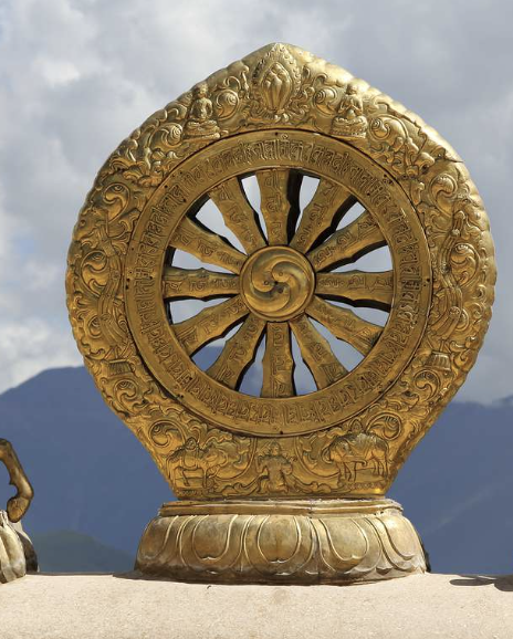 <p>The principle of the "Wheel of Dharma," representing the teachings of Buddha and the path to enlightenment, symbolizing the cycle of birth, life, death, and rebirth; often depicted as a wheel with eight spokes,</p>