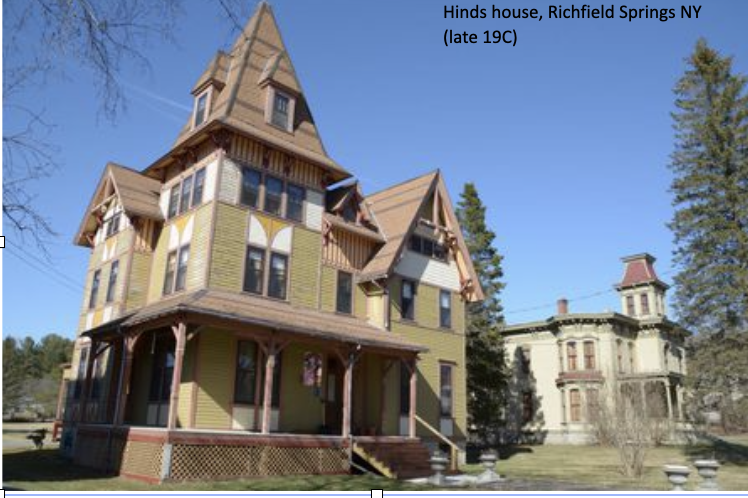 <p>Steeply pitched roof, with one or more front facing roof gables</p><p class="p1">Gables typically show decorative trusses at apex</p><p class="p1">Overhanging eaves, usually with exposed rafter ends</p>