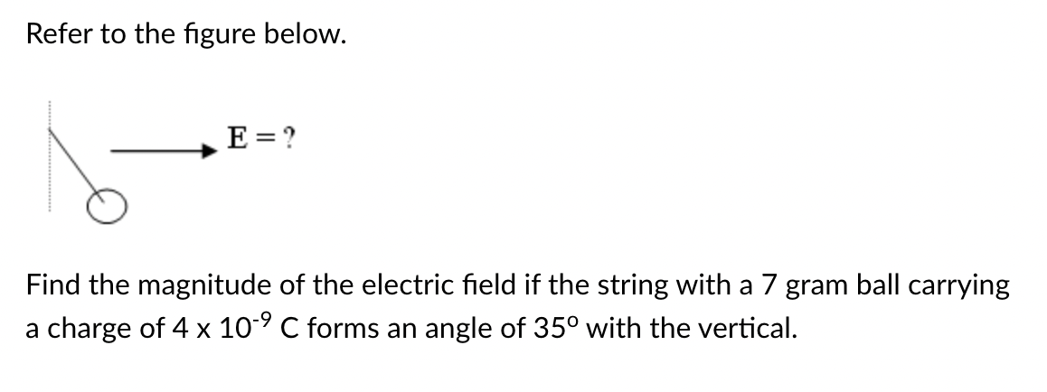 <p>Find the magnitude of the electric field if the string with a 7 gram ball carrying a charge of 4 x 10-9 C forms an angle of 35o with the vertical.</p>