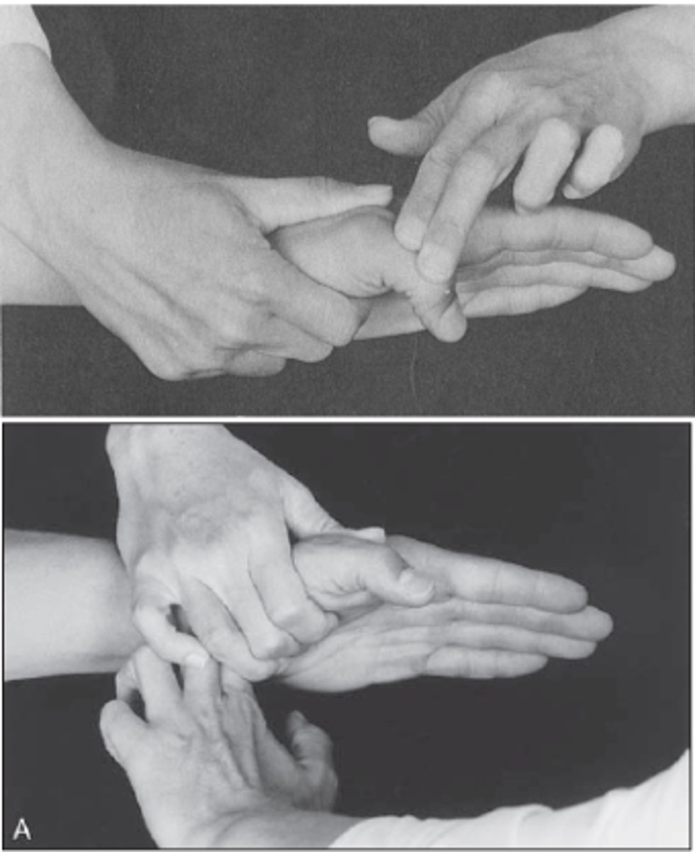 <p>KH: pro-sup középhelyzet, MCP és IP flexioban</p><p>Rögzítés: metacarpust</p><p>MCP extensiot kérünk hajlított IP mellett!</p><p>Ellenállás: proximalis phalanxra MCP extensioval szemben</p>