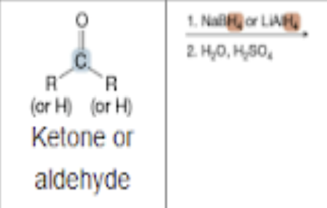 <p>What is the product of the reaction between a ketone or aldehyde, and NaBH4 or LiAlH4 (1st step), and H20, H2SO4 (2nd step)?</p>