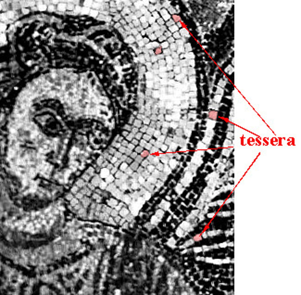 <p>Small pieces of colored stone, glass, or ceramic used to create a mosaic image.</p>