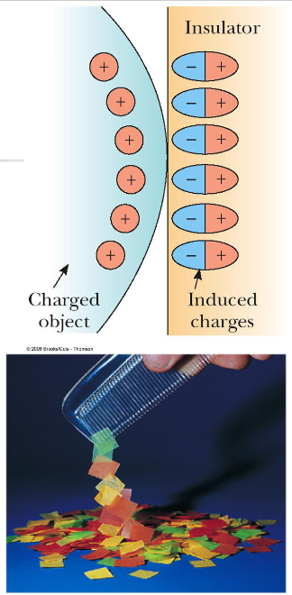 <ul><li><p>the charged object (on the left) induces charge on the surface of the insulator</p></li><li><p>this realignment of charge on the surface of an insulator is known as: <strong>polarization</strong></p></li></ul><p></p>