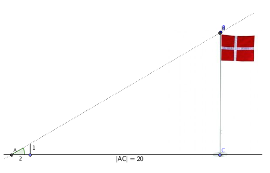 <p>Hvad er forholdet mellem den lille og den store trekant? Hvor lang er hypotenusen?</p>
