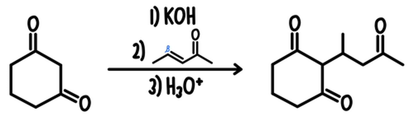 <p>Starting Material: Michael Donor (Nuc-)</p><p>Michael Synthesis → Combines Donor + Acceptor</p><p>Reagents: 1) KOH / 2) Michael Acceptor (E+) / 3) H3O+</p><p>*keto-enol tautomerization occurs after product is formed</p>