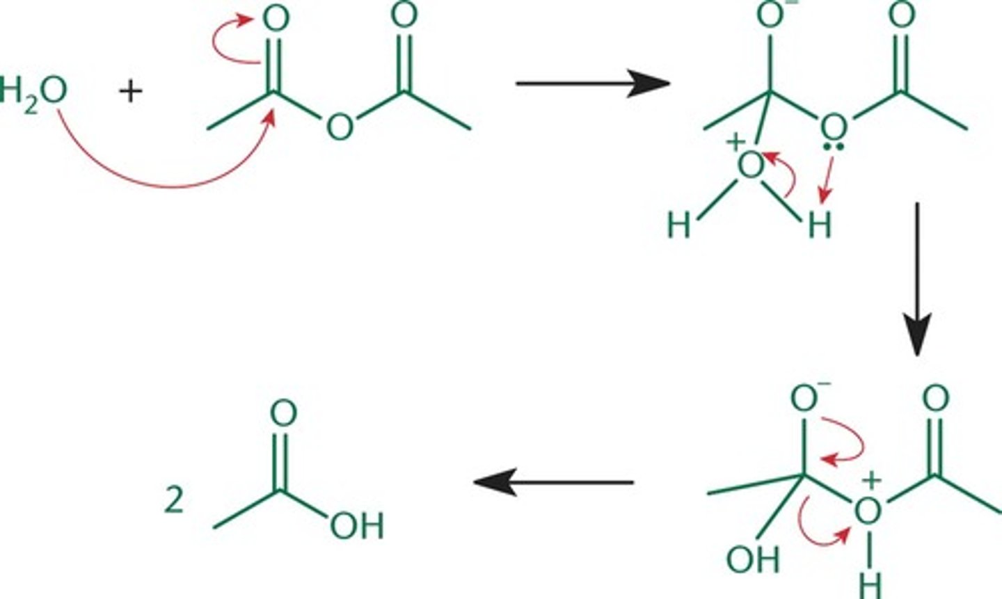 <p>acid anhydride to carboxylic acid</p>