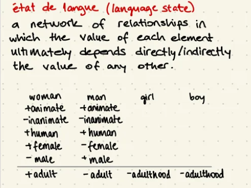 <p><strong>specific, static state or condition of a language at a particular point in time, rather than its evolution or historical changes.</strong></p><p><span style="color: #ffffff"><strong>a network of relationships in which the value (meaning) of each element in language </strong></span><span style="color: yellow"><strong>depends on its relation to other elements.</strong></span><span style="color: #ffffff"><strong> → </strong></span><span style="color: rgb(255, 255, 255)"><strong>each word or concept</strong></span><span style="color: red"><strong> gains meaning not in isolation</strong></span><span style="color: rgb(255, 255, 255)"><strong> but through its contrast and connection to others.</strong></span></p>
