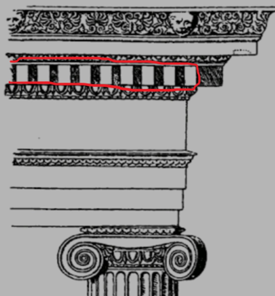 <p>Arkitektonisk ornament med rækkestillede terning- eller kasseformede fremspring samlet til en frise.</p>