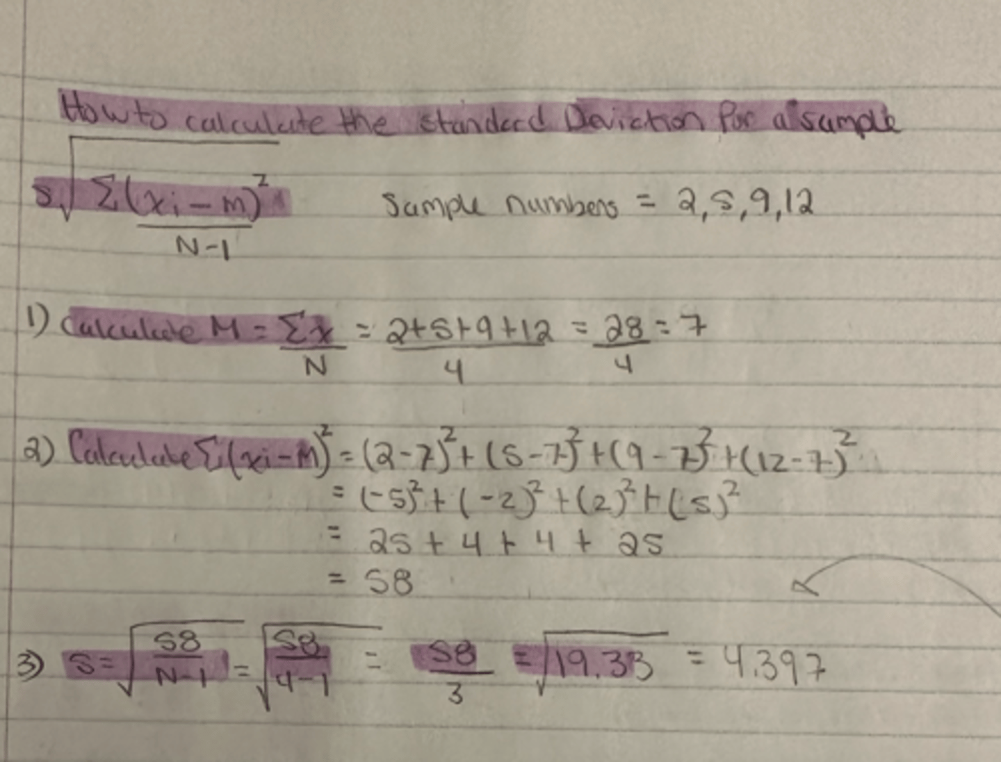 <p>standard deviation for a sample = 4.397</p>