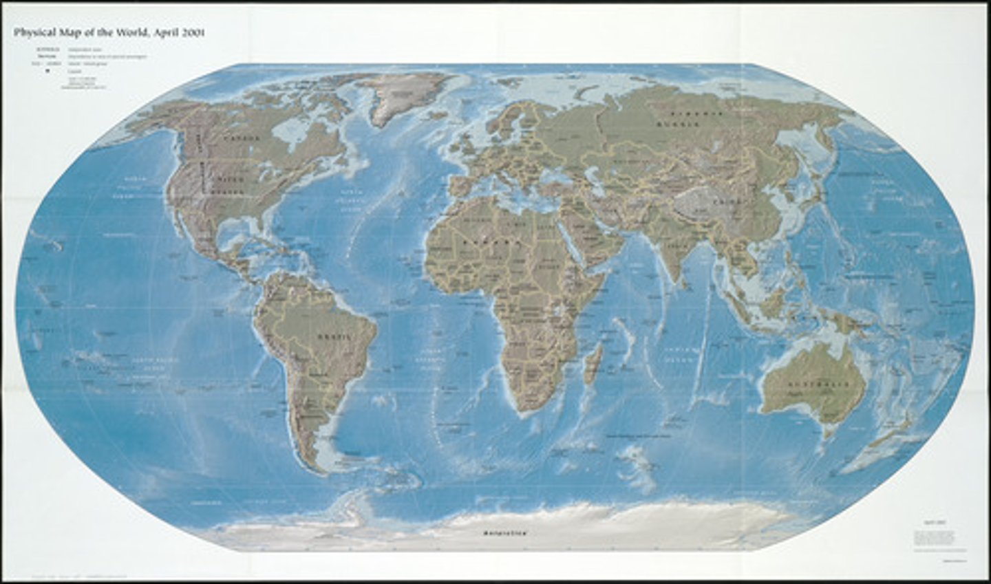 <p>reference map that shows identifiable natural landmarks such as mountains, rivers, oceans, elevation</p>