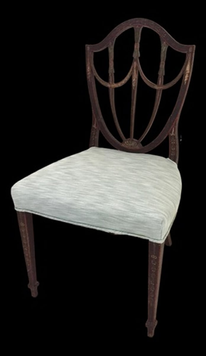 <p>A Hepplewhite chair that has a back whose short side posts support a shield-shaped framework.</p>