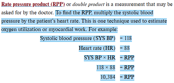 <p><span>Systolic blood pressure multiplied by the heart rate; also known as </span><em>double product</em><span>.</span></p>