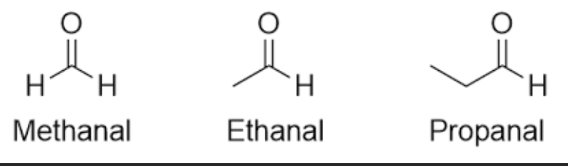 <ul><li><p>drop “-e “ from alkane name and add ending “-al”</p></li><li><p>small aldehydes are polar</p></li><li><p>IMF: LDF, D/D</p></li><li><p>sp2, trig planar</p></li><li><p>120°</p></li></ul>