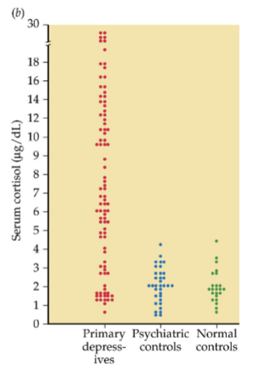 <ul><li><p>depression viewed as stress-related disorder (emerges during stressful life periods)</p></li><li><p>some forms of depression linked to alterations in HPA-axis and higher CORT levels (people with Cushing’s syndrome have high levels of glucocorticoids and are prone to depression)</p></li><li><p>circulating CORT levels tend to be higher in depressed people</p></li><li><p>diathesis-stress model: predisposition for depression - stress triggers it</p></li><li><p>dexamethasone (synthetic glucocorticoid) can suppress CORT in normal people, but not depressed people (fools HPA axis into thinking their are higher levels)</p></li></ul><p></p>