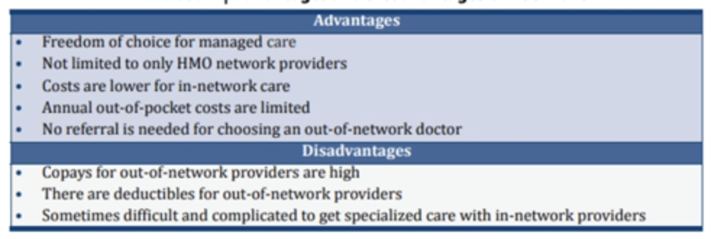 <p>Hybrid between PPOs and HMOs: the covered person can choose to receive a service from a participating or nonparticipating provider, w/ different benefit levels associated w/ the use of participating providers. Members usually pay substantially higher costs in terms of increased premiums, deductibles and coinsurance</p>