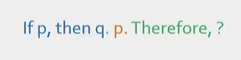 <p>Conditional Statement:</p><ul><li><p>If <strong>p</strong> = if something happens </p></li><li><p>Then <strong>q </strong>= then something happens </p></li></ul><p></p><p>Observation:</p><ul><li><p><strong>p</strong> = i observe that this happened </p></li></ul><p></p><p>Logical Conclusion:</p><ul><li><p><strong>Therefore</strong> = therefore i think this will happen based on the conditional statement earlier </p></li></ul><p></p><p>ie. If you don’t take out the garbage (if p), then the kitchen will smell (then q). You didn’t take out the garbage (p). Therefore, the kitchen smells (therefore). </p>