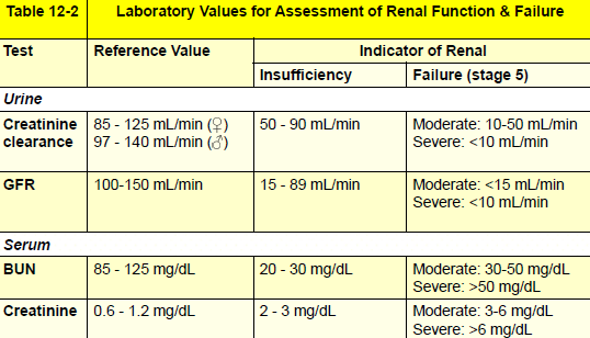 <ul><li><p><strong>GFR</strong>: Overall kidney function</p><ul><li><p><mark data-color="yellow" style="background-color: yellow; color: inherit;">Not detected until 20mL /minute</mark></p></li></ul></li><li><p><strong>Urinalysis</strong></p><ul><li><p>Special emphasis on specific gravity</p></li><li><p>Principal marker of kidney damage is persistent protein in urine</p></li></ul></li><li><p><strong>BUN</strong>: Not as specific as creatinine clearance or serum creatinine level</p><ul><li><p><mark data-color="yellow" style="background-color: yellow; color: inherit;">Not detected until over 20mg/dL</mark></p></li></ul></li></ul><ul><li><p><strong>Serum creatinin</strong>e: Measure of muscle breakdown &amp; filtration capacity of nephrons</p></li></ul><ul><li><p><strong>Creatinine clearance</strong>: Proportional to the glomerular filtration and tubular excretion rates in a 24-hour urine collection</p><ul><li><p><mark data-color="yellow" style="background-color: yellow; color: inherit;">Not detected until 20mL/min</mark></p></li></ul></li></ul><ul><li><p><strong>Serum electrolytes involved in acid-base regulation</strong></p></li><li><p><strong>Protein electrophoresis</strong></p></li></ul><p></p>