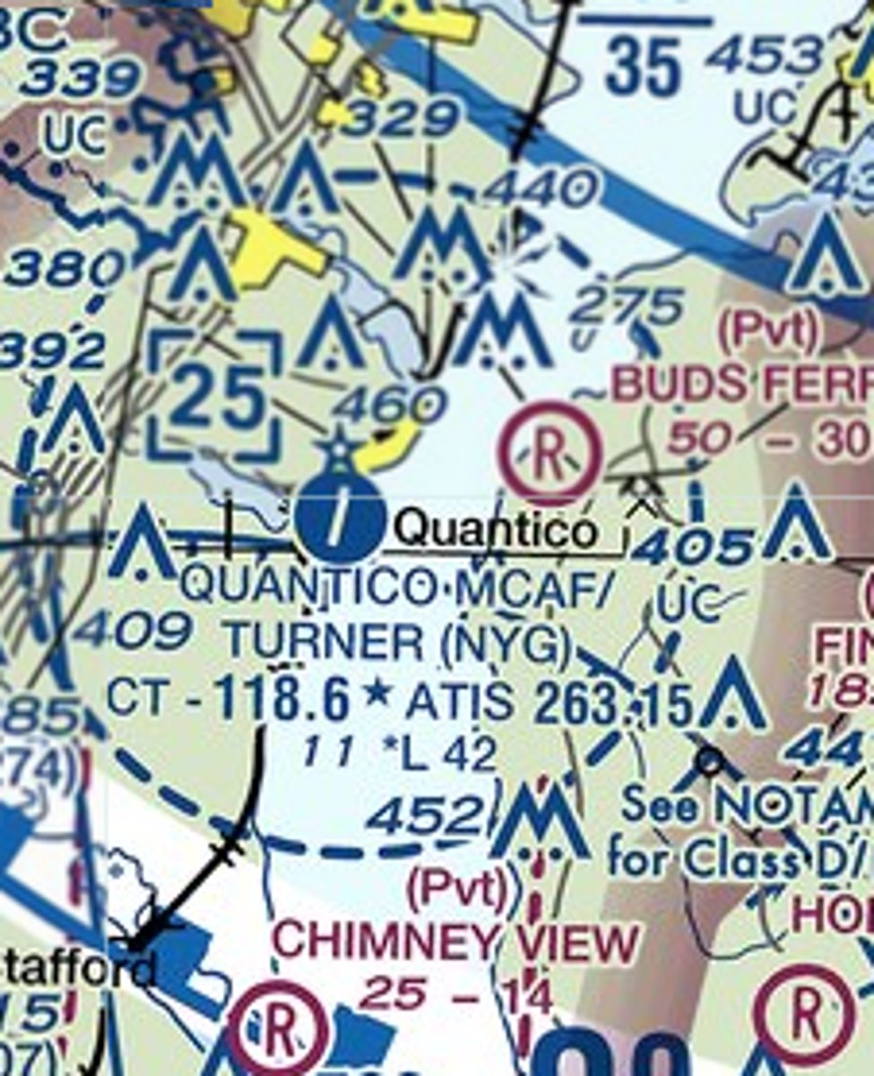 <p>The blue text reading "25" next to Quantico Marine Corps Air Station indicates Class D airspace extends from the surface up to and including ____ feet MSL</p>