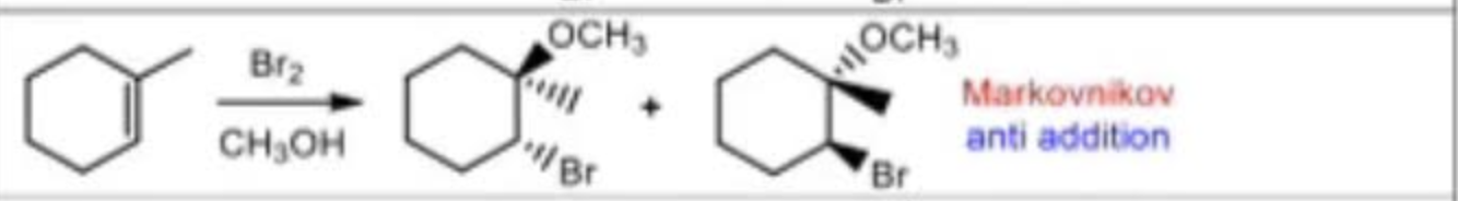 <ul><li><p>markovnikov </p></li><li><p>anti addition </p></li></ul><p></p>