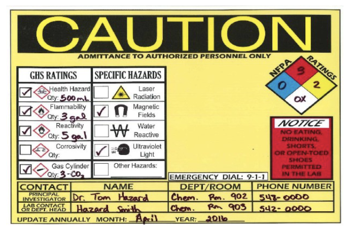 <p>the door sign needs…</p><ul><li><p>NFPA Ratings</p></li><li><p>quantities</p></li><li><p>Contact information</p></li><li><p>needs to be updated annually</p></li></ul>