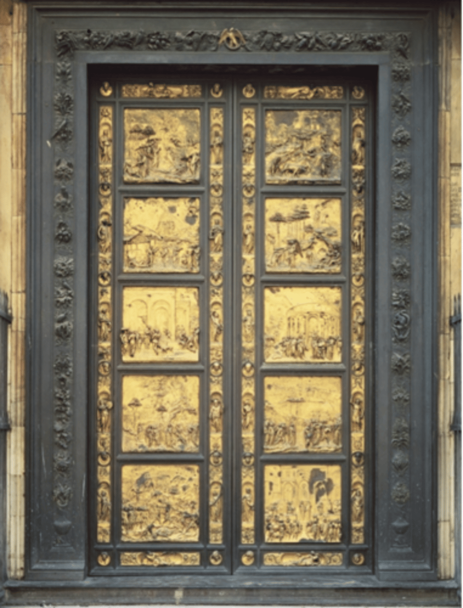 <p>∙ Nickname created by Michelangelo</p><p>∙ Commissioned by officials to create new Cathedral doors for Florence's baptistery</p><p>∙ Artistic Significance:</p><p>- 10 Panels of Reliefs</p><p>- Depicts OT narratives</p><p>- Hybrid of: Gothic patterns, Classical motifs/sculpture</p><p>- Narratives start from bottom</p><p>- Meant to be read right to left</p><p>- Mathematical order &amp; design</p><p>- Intricate surface texture &amp; detail</p><p>- Dymatic depth w/ graceful mvmnt</p><p>- One-point perspective= clear horizon lines ; distinct vanishing points @ ctr; structured orthogonal lines leading from vanishing points</p><p>- Scentific system &amp; representation of space</p>