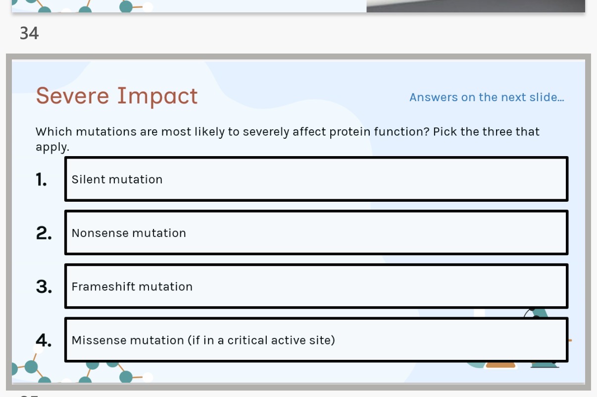 <p>Mutations and Disease:</p><p>Mutations in structural or metabolic genes can cause …1? disorders.</p><p>Examples:</p><p>• CFTR gene mutation → cystic fibrosis</p><p>• F8 gene mutation → haemophilia</p><p>• BRCA1/2 → increased cancer risk </p><p>Some mutations disrupt …2? proteins, affecting entire gene networks. Defective DNA …3? systems (e.g., in xeroderma pigmentosum) greatly increase …4? risk</p><ol start="5"><li><p>Answer image q?</p></li></ol><p></p><p>Cancer and mutations:</p><p>proto-oncogenes(genes) and tumor suppressors(genes)</p><p>Proto-oncogenes normally promote …5? cell division, but mutations can turn them into …6?, leading to uncontrolled growth. An example of this is …7? gene mutations.</p><p>Tumor suppressors normally …8? uncontrolled division or trigger …9? (programmed cell death). Mutations can …10? them, and often …11? copies of the gene need to be damaged for the effect of uncontrollable cell growth and cancer to take place.</p><p></p>