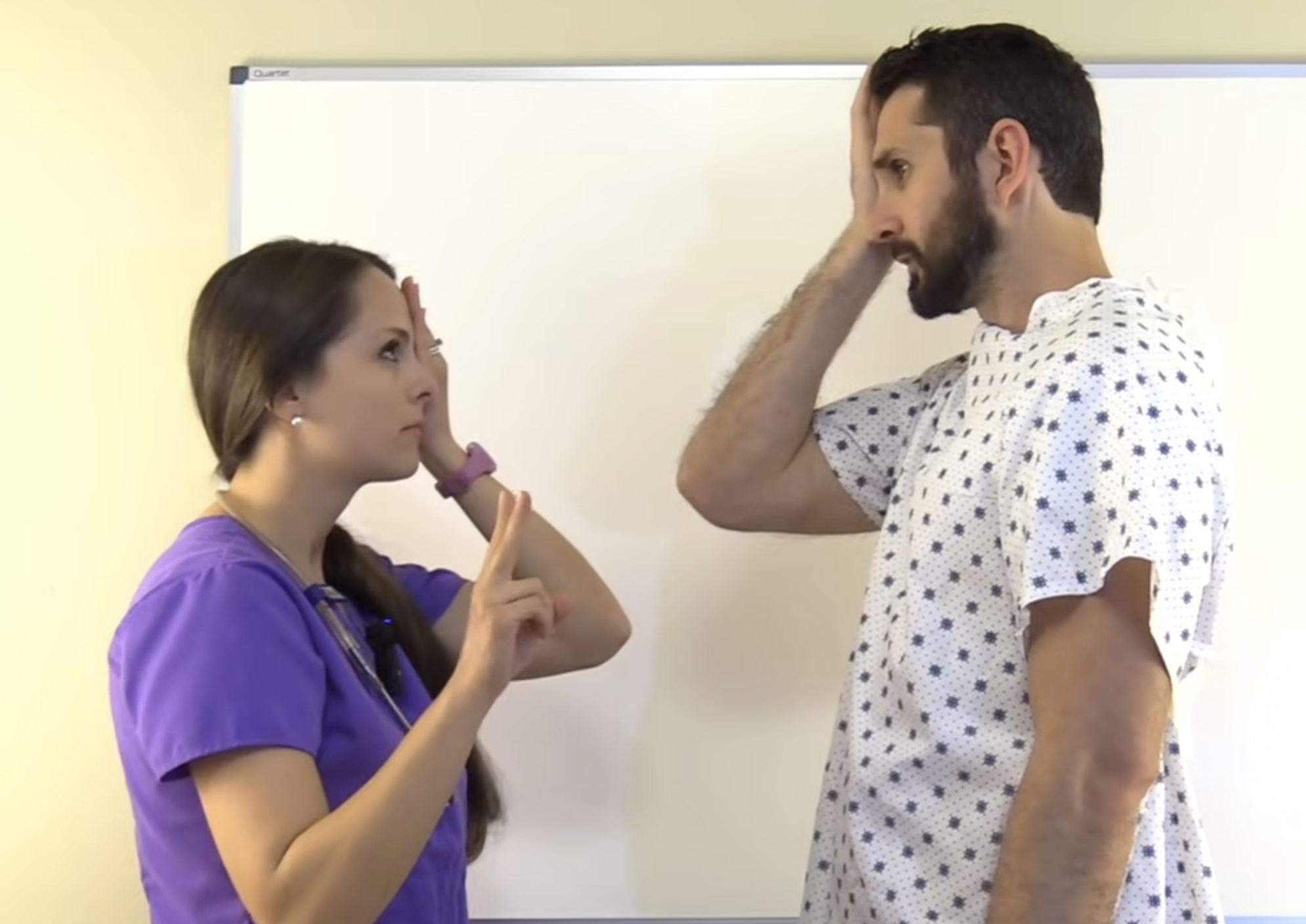 <p><strong>Confrontation visual field</strong></p><ol><li><p>Have the patient stand an arm’s length away</p></li><li><p>Ask the patient to cover their right eye</p></li><li><p>Cover your own right eye</p></li><li><p>Tell the patient to stare at your left eye</p></li><li><p>Use your fingers to hold up numbers in the top, middle, and lower visual fields</p></li><li><p>Ask the patient to identify the number of fingers shown and repeat with the opposite side</p></li></ol><p><strong>Visual acuity</strong></p><ol><li><p>Have the patient stand 20ft away from a snellen chart</p></li><li><p>Ask the patient to read the lowest line they are able to with their right eye covered</p></li><li><p>Repeat with the patient’s left eye covered</p></li><li><p>Repeat with neither of the patient’s eyes covered</p></li></ol><p></p>