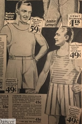 <p>knitted cotton worn in the 1930s and after adapted from the top of tank swimsuits</p>