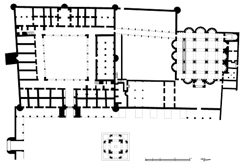 <p>Khirbat al-Mafjar, Bath Hall; 8th Century, In Desert near Jericho, Umayyad Dynasty</p><ul><li><p>Attached to palace; water was seen as a display of luxury and power</p></li><li><p>Caliph would show it of to local chieftains who came to visit</p></li><li><p>Floor Mosaic: Gazelles and the Lion (Peace vs. War) (Byzantine Mosaic)</p></li><li><p>Statue of Caliph also expressed power</p></li></ul><p></p>