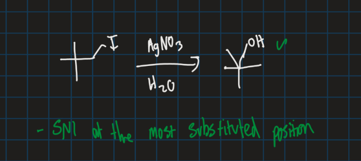 <p>Sn<sup>1</sup> reaction so OH goes at the most substituted carbon position</p>