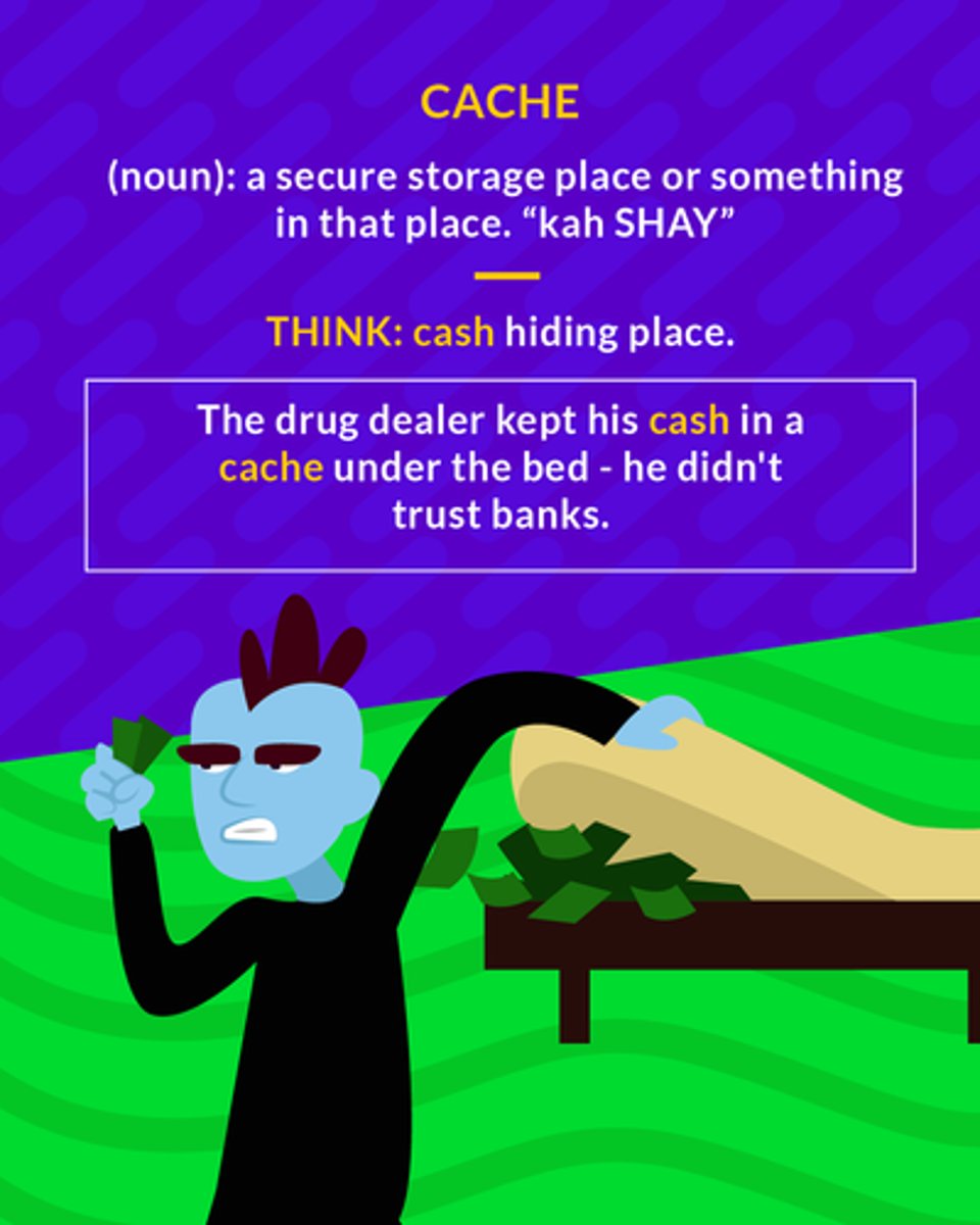 <p>(n.) a hiding place; something hidden or stored</p>