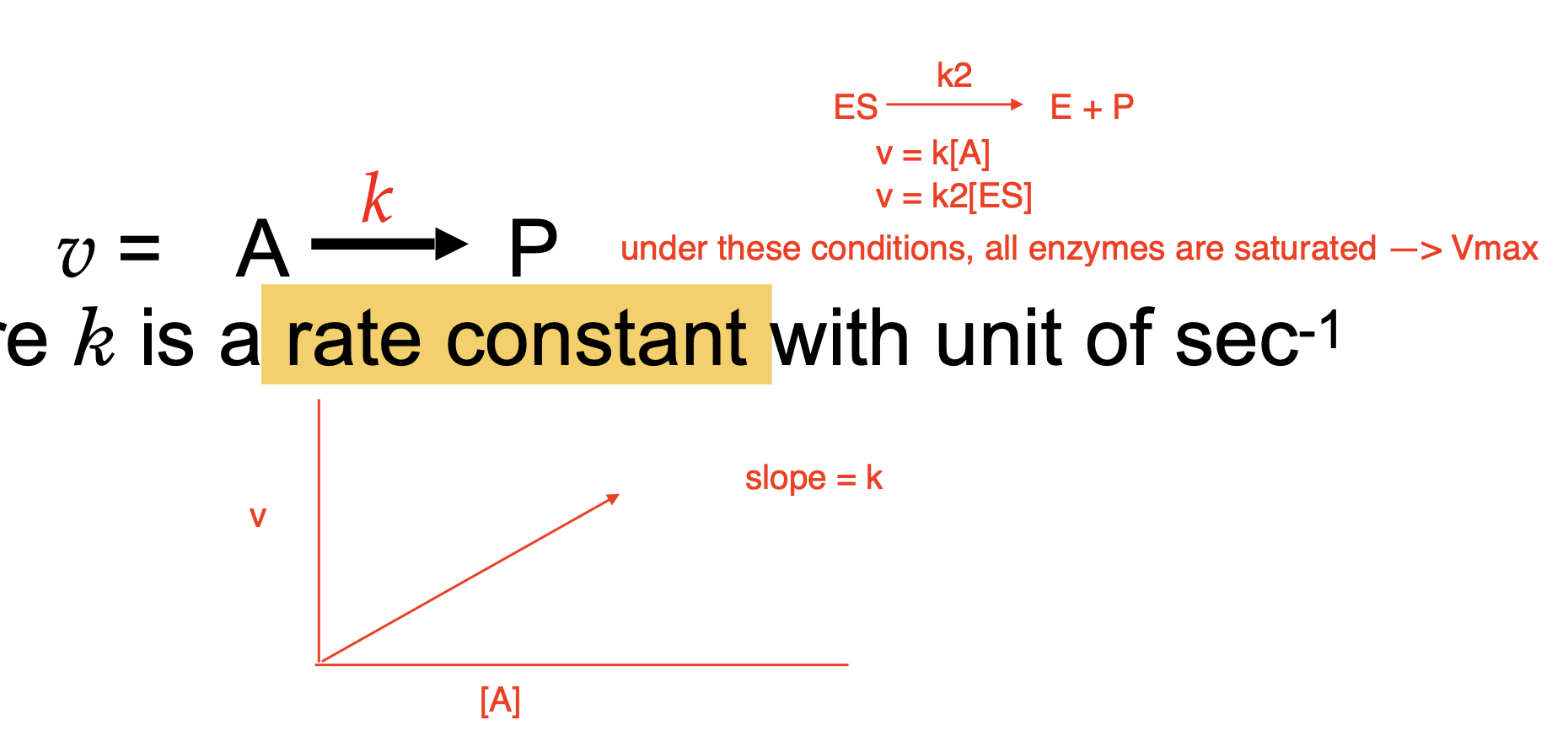 <p>chemical process; first order; dependent on the concentration of only one substrate; v = k[A]; rate constant with unit of sec<sup>-1</sup>; linear relationship</p>