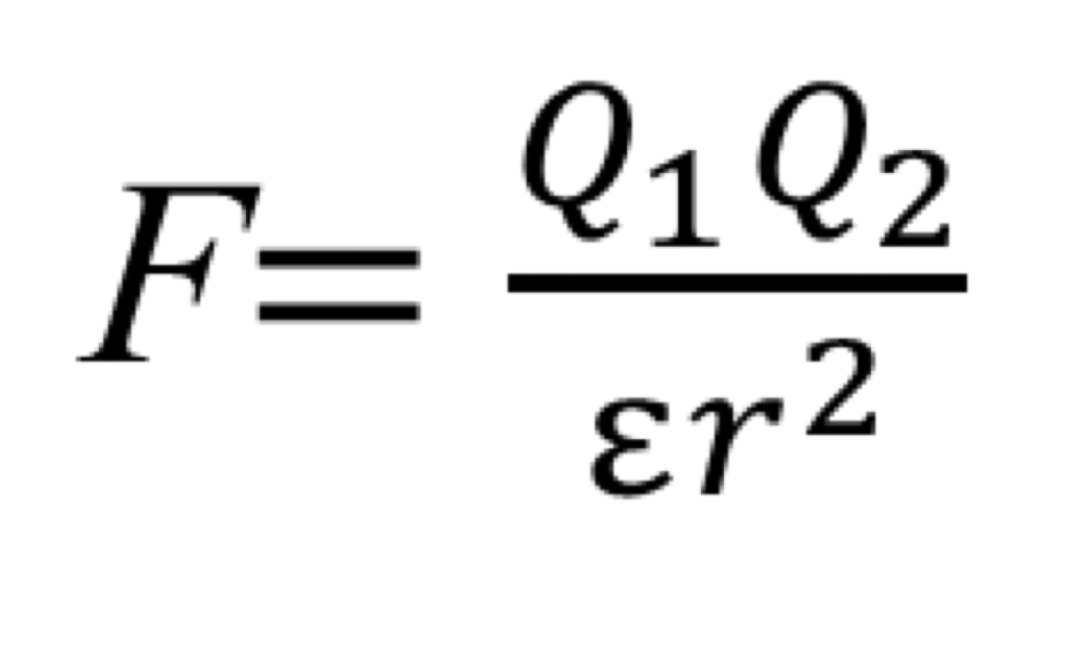 <p>Q = Magnitude of charges</p><p>r = distance between charged group</p><p>E = dielectric constant of the solvent (Water at 25 degree Celsius = 78.5)</p>