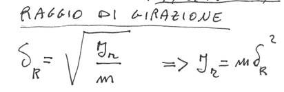 <p>considerando il momento di inerzia J di un corpo di massa m lungo un asse r<br>il raggio di girazione è: <br>notare che è il raggio tale per cui se metto la massa dellintero corpo in un punto lo devo spostare ad una distanza r dallasse di rotazione per avere lo stesso momento di inerzia del corpo inizialemente </p>