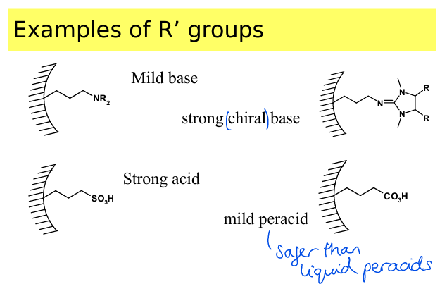 <p>Mild base, strong chiral base, strong acid, mild peracid.</p><p>Acidic and basic groups within a pore make the compound safer to handle and can aid in selectivity of a catalytic process</p>