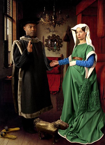<p>-Jan van Eyck -c. 1434 -Oil on wood -wire thing on stomach to make her look pregnant/fat to represent wealth</p>