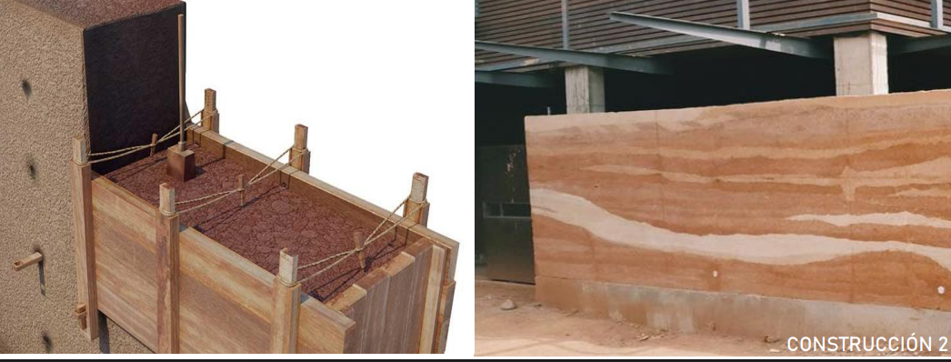 <p>Tierra húmeda vertida en moldes para ser compactada por piezas</p>