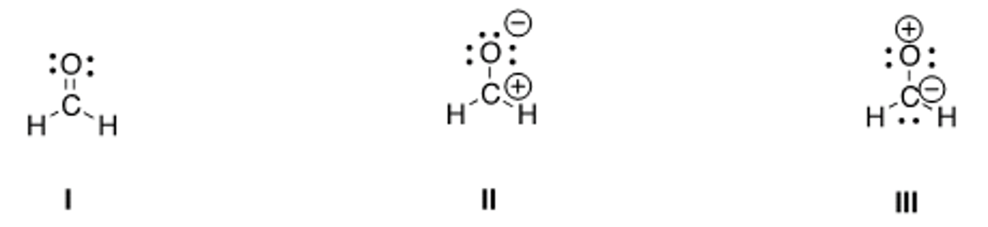 <p>Rank the following in order of decreasing importance as contributing structures to the</p><p>resonance hybrid of formaldehyde, H2CO.</p><p>A) I &gt; II &gt; III</p><p>B) I &gt; III &gt; II</p><p>C) II &gt; I &gt; III</p><p>D) III &gt; II &gt; I</p>