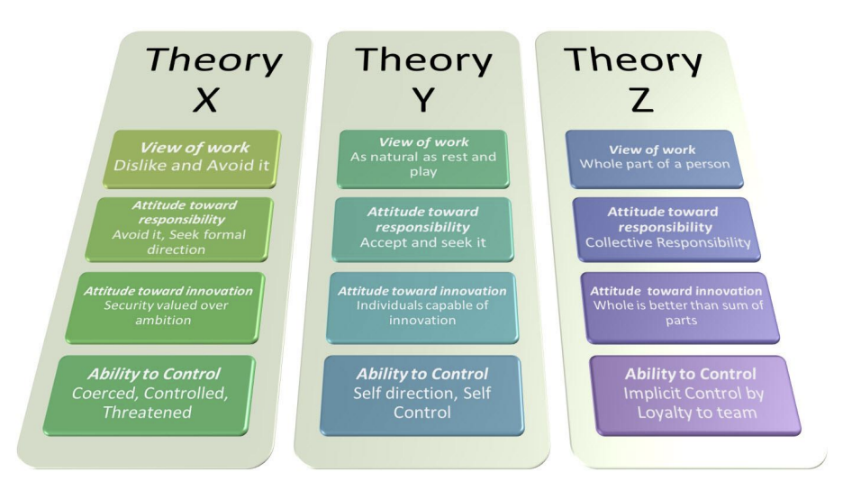 <p><strong>Theory X</strong>: Assumes that employees are inherently <strong>lazy</strong> and need to be <strong>controlled</strong> through external motivation and supervision</p><p><strong>Theory Y: </strong>Assumes that employees are <strong>self-motivated</strong> and seek responsibility, and should be empowered to make decisions</p><p><strong>Theory Z: </strong>Combines elements of both X and Y, emphasizing <strong>long-term employment</strong>, strong organizational culture, and mutual trust between employees and management</p>